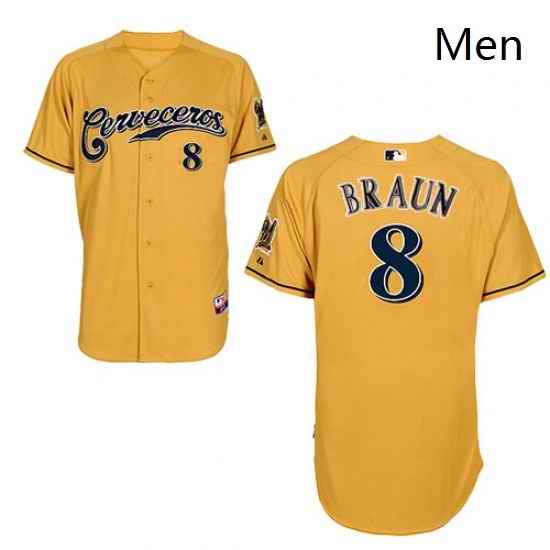 Mens Majestic Milwaukee Brewers 8 Ryan Braun Replica Gold Cerveceros Cool Base MLB Jersey